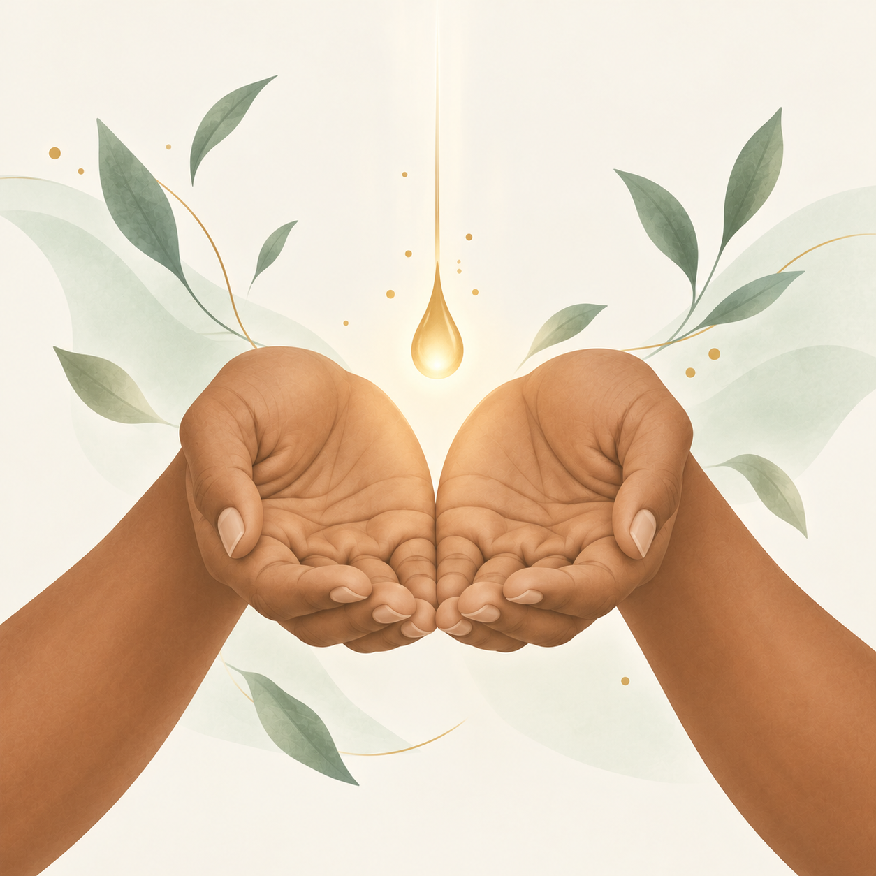 Open hands receiving a golden drop, surrounded by sage leaves